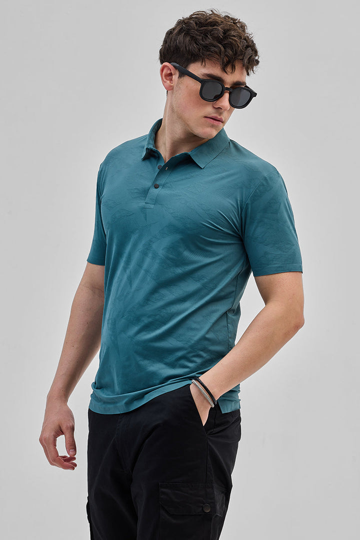 Teal Textured Stitchless Polo T-Shirt