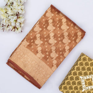 Peach Banarasi Tissue Silk Saree With Floral Motifs