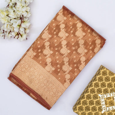 Peach Banarasi Tissue Silk Saree With Floral Motifs