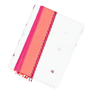 White Handloom Bengal Cotton Saree With Contrast Pink Border