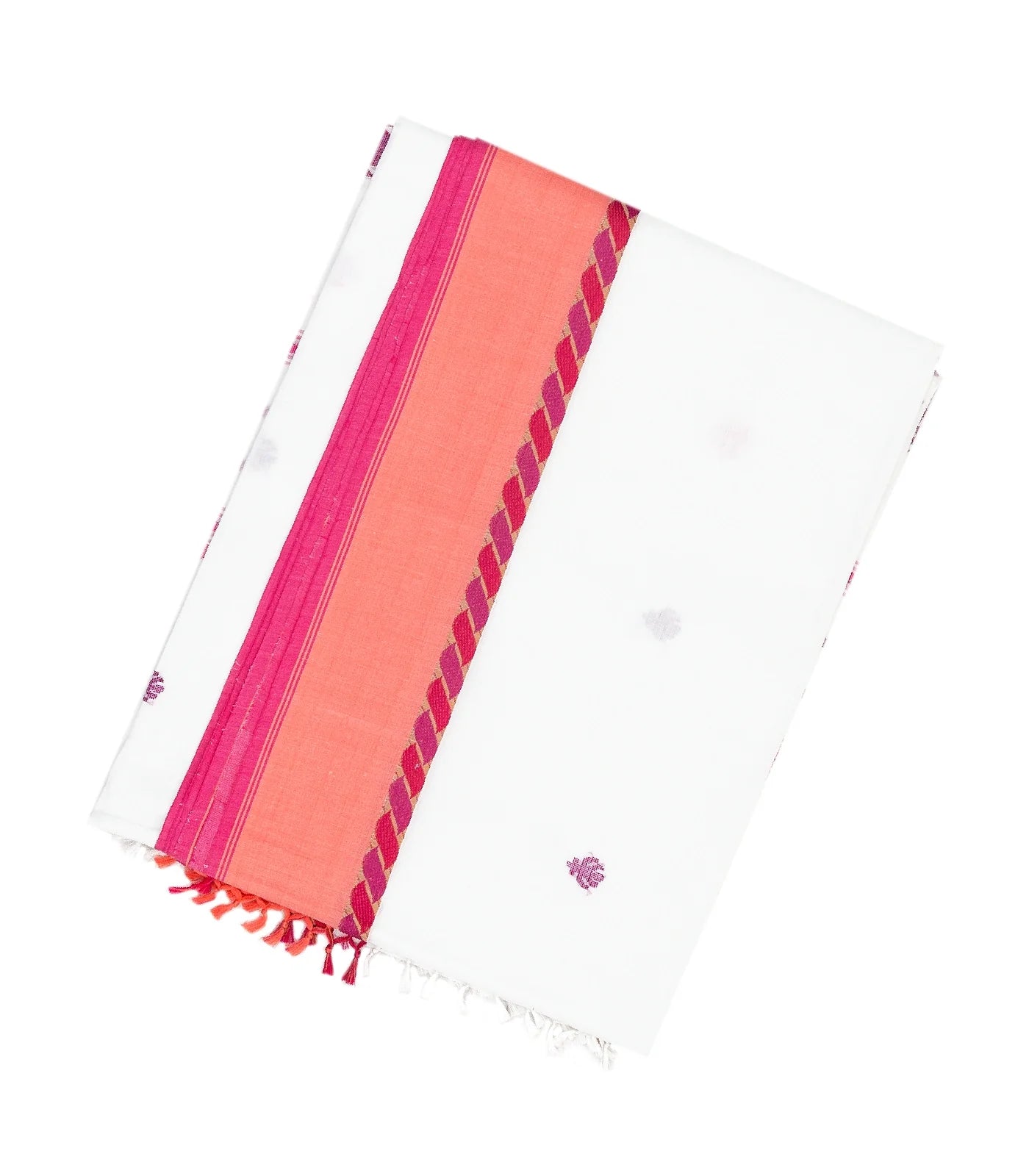 White Handloom Bengal Cotton Saree With Contrast Pink Border