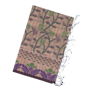 Light Peach Bengal Cotton Saree With Checks & Floral Motifs