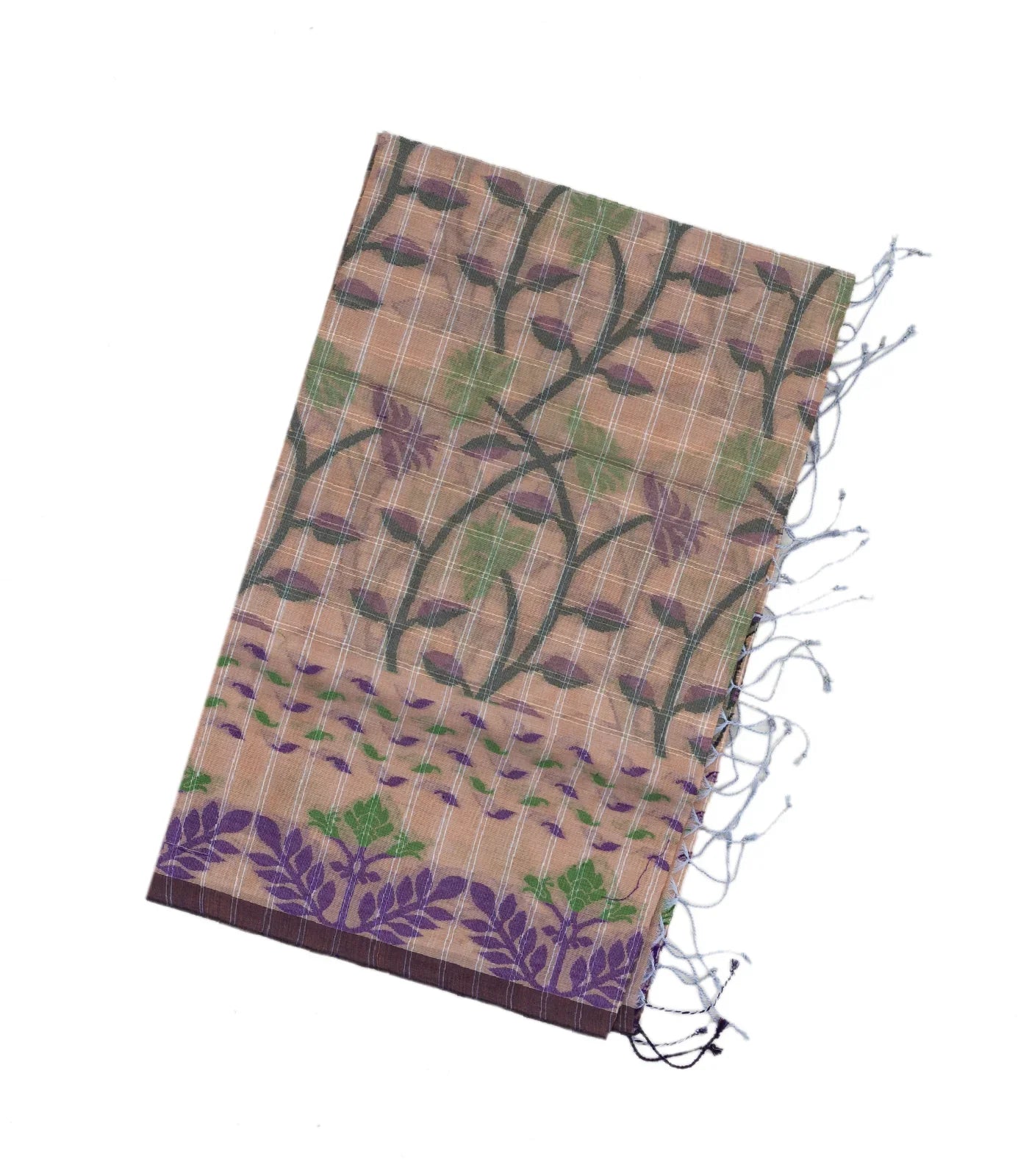 Light Peach Bengal Cotton Saree With Checks & Floral Motifs