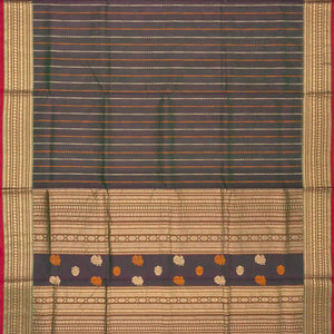 Dark Grey Handloom Silk Cotton Saree With Stripes & Zari Border