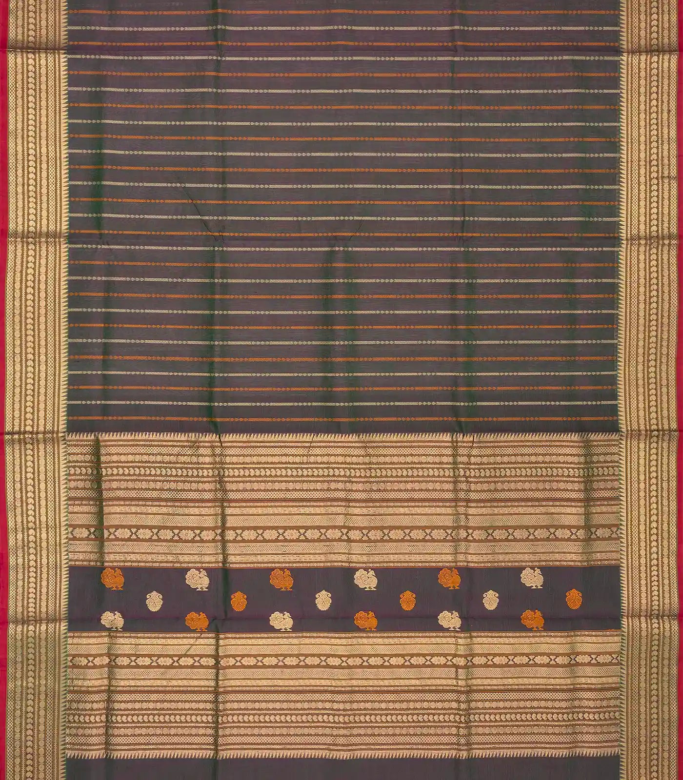 Dark Grey Handloom Silk Cotton Saree With Stripes & Zari Border