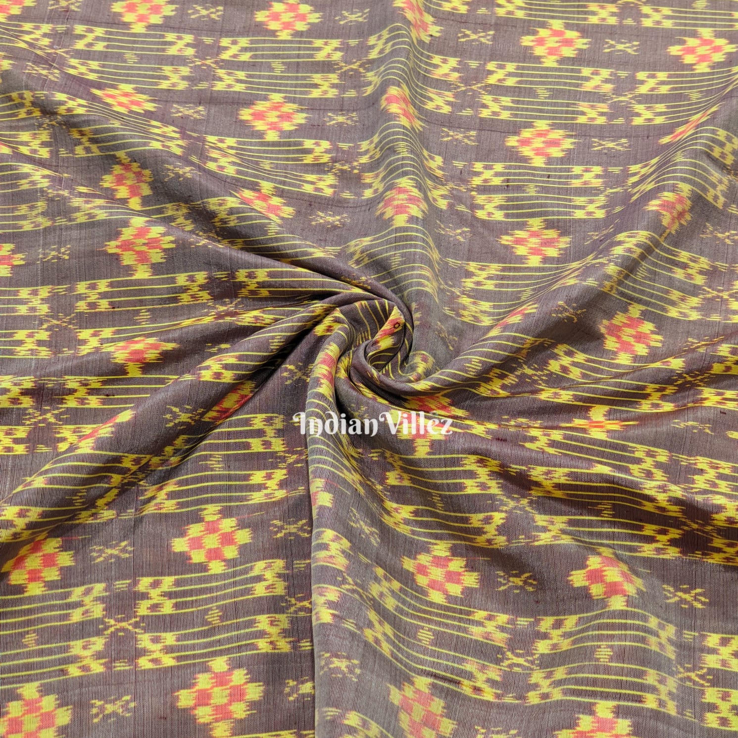 Grey Yellow Small Pasapali Sambalpuri Ikat Silk Fabric