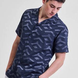 Dark Blue Geometric Box Fit Shirt