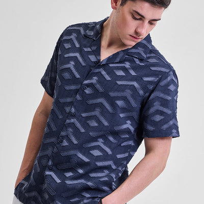 Dark Blue Geometric Box Fit Shirt