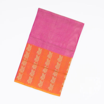 Pink Handloom Uppada Plain Silk Saree With Floral Motifs in Orange Border