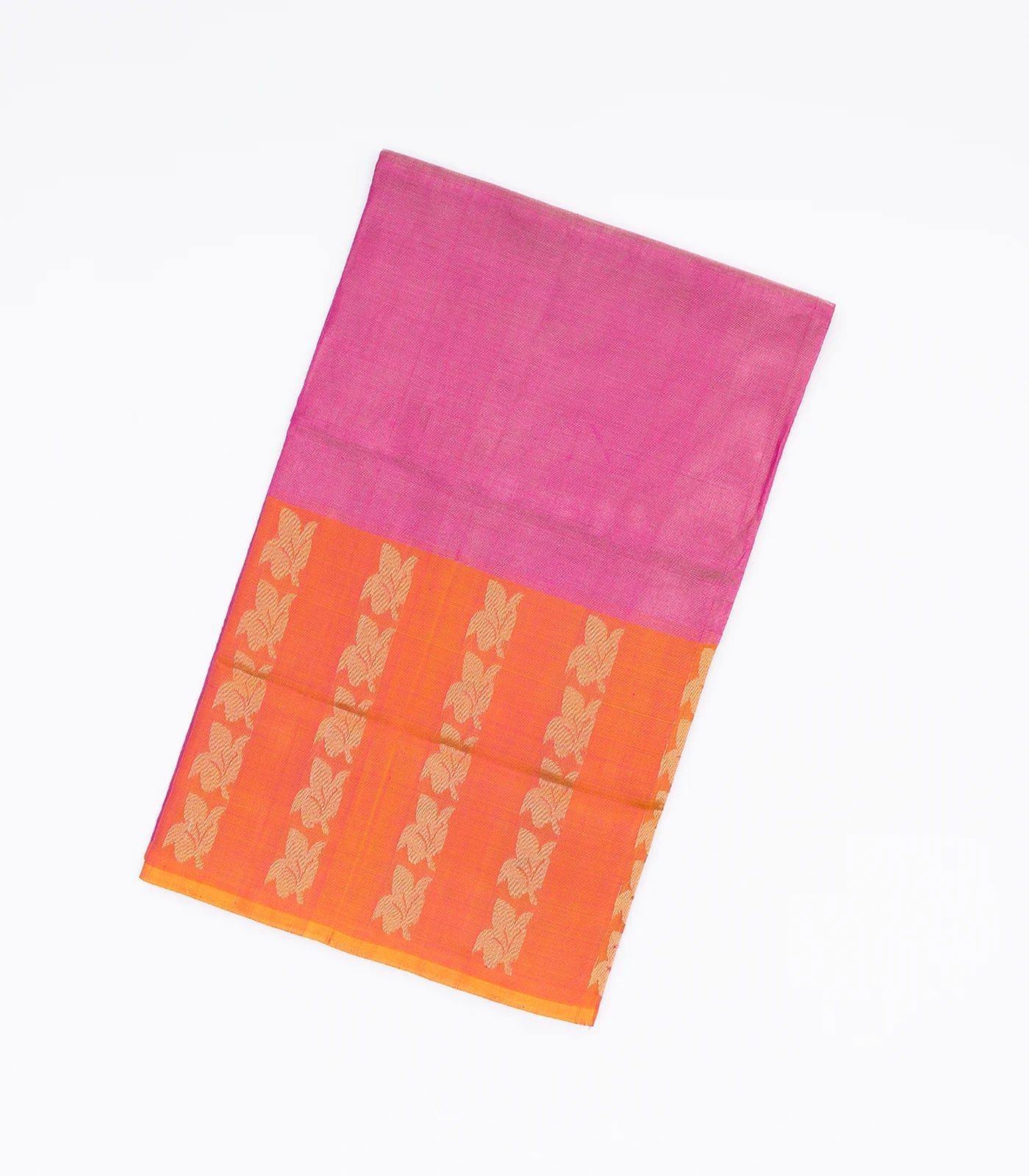 Pink Handloom Uppada Plain Silk Saree With Floral Motifs in Orange Border