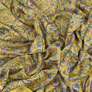 Lime Green Handloom Chanderi Cotton Saree With Printed Floral Motifs