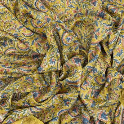 Lime Green Handloom Chanderi Cotton Saree With Printed Floral Motifs