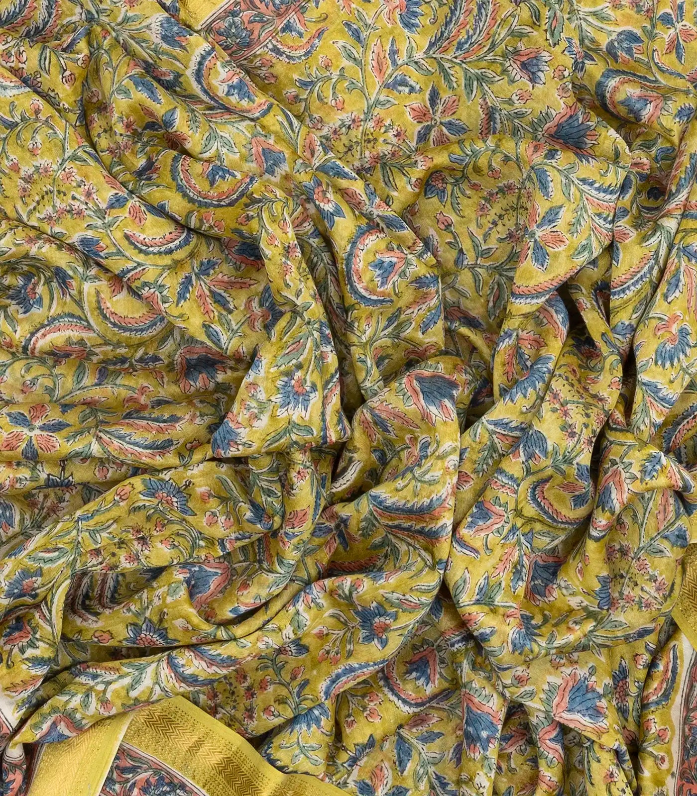 Lime Green Handloom Chanderi Cotton Saree With Printed Floral Motifs