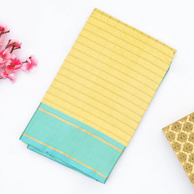 Yellow Handloom Chanderi Cotton Saree With Zari Checks