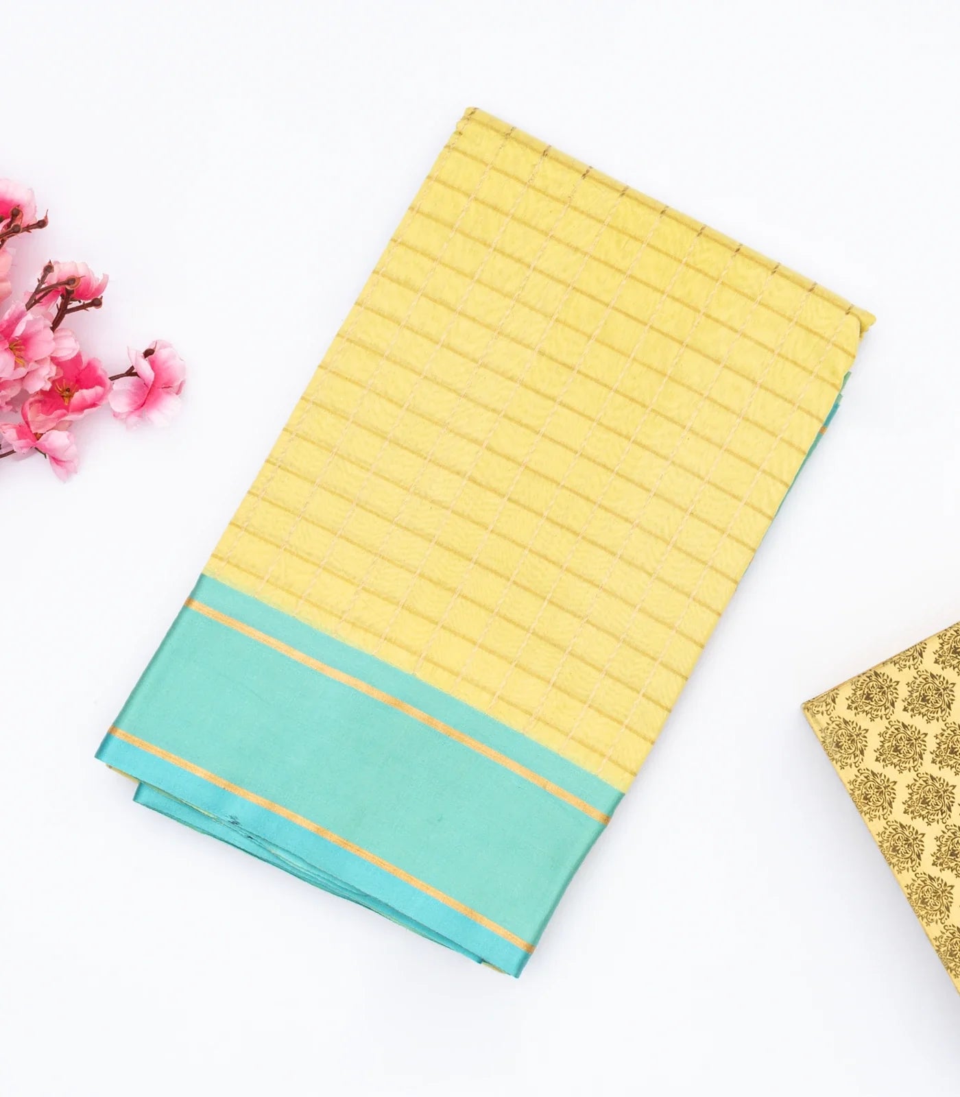 Yellow Handloom Chanderi Cotton Saree With Zari Checks