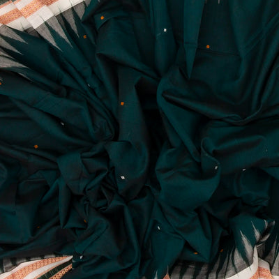 Teal Handloom Orissa Cotton Saree With Mustard Tie & Dye Motifs