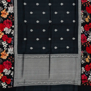 Black Handloom Tussar Silk Saree With Floral Buttas & Printed Border