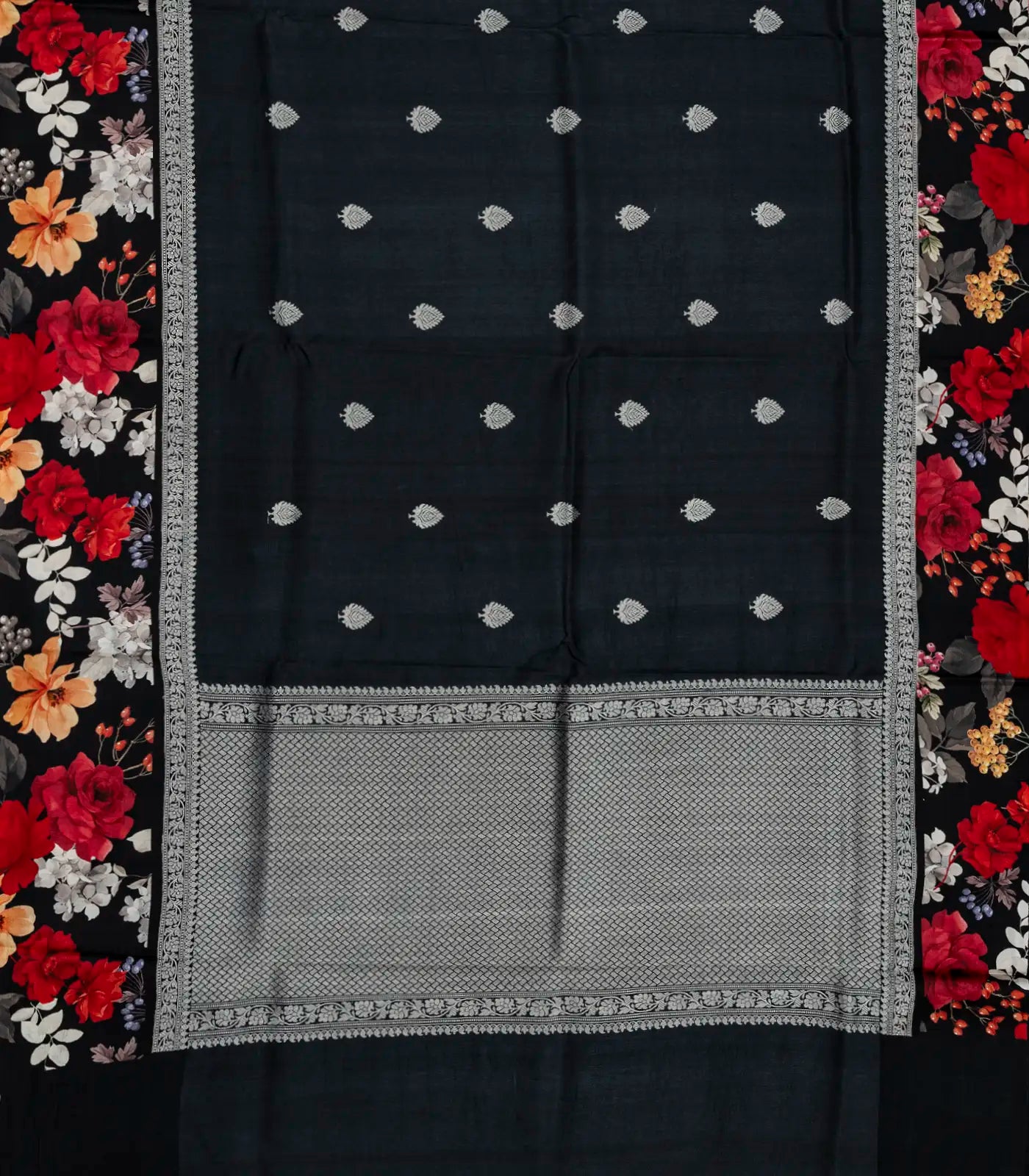 Black Handloom Tussar Silk Saree With Floral Buttas & Printed Border
