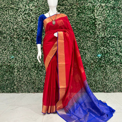 Red With Blue Pure South Soft Silk Saree