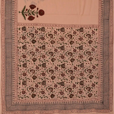Light Peach Woven Jaipur Cotton Saree Printed With Floral Motifs