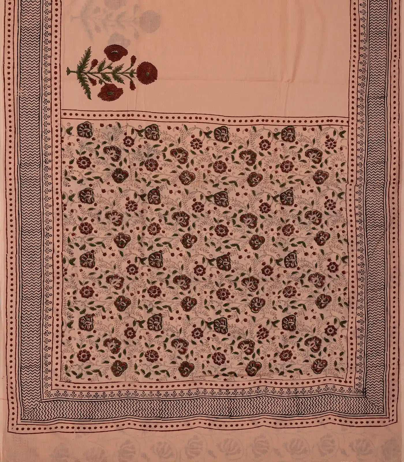 Light Peach Woven Jaipur Cotton Saree Printed With Floral Motifs