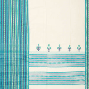 White Handloom Bengal Cotton Saree With Contrast Blue Border
