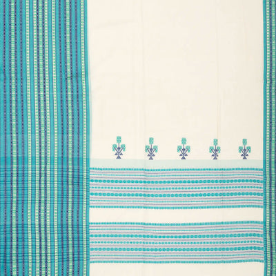 White Handloom Bengal Cotton Saree With Contrast Blue Border