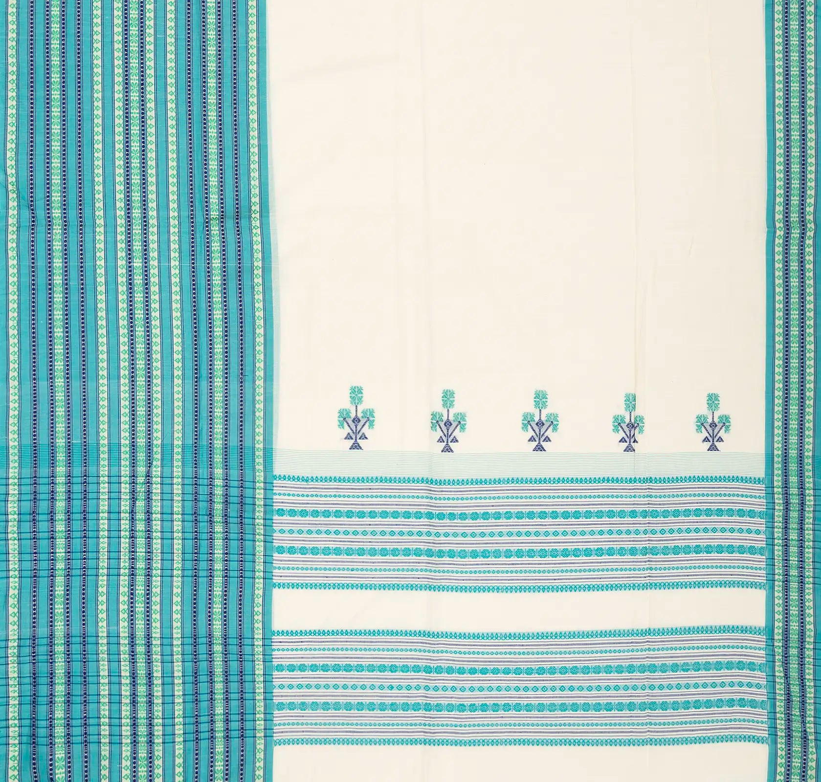 White Handloom Bengal Cotton Saree With Contrast Blue Border