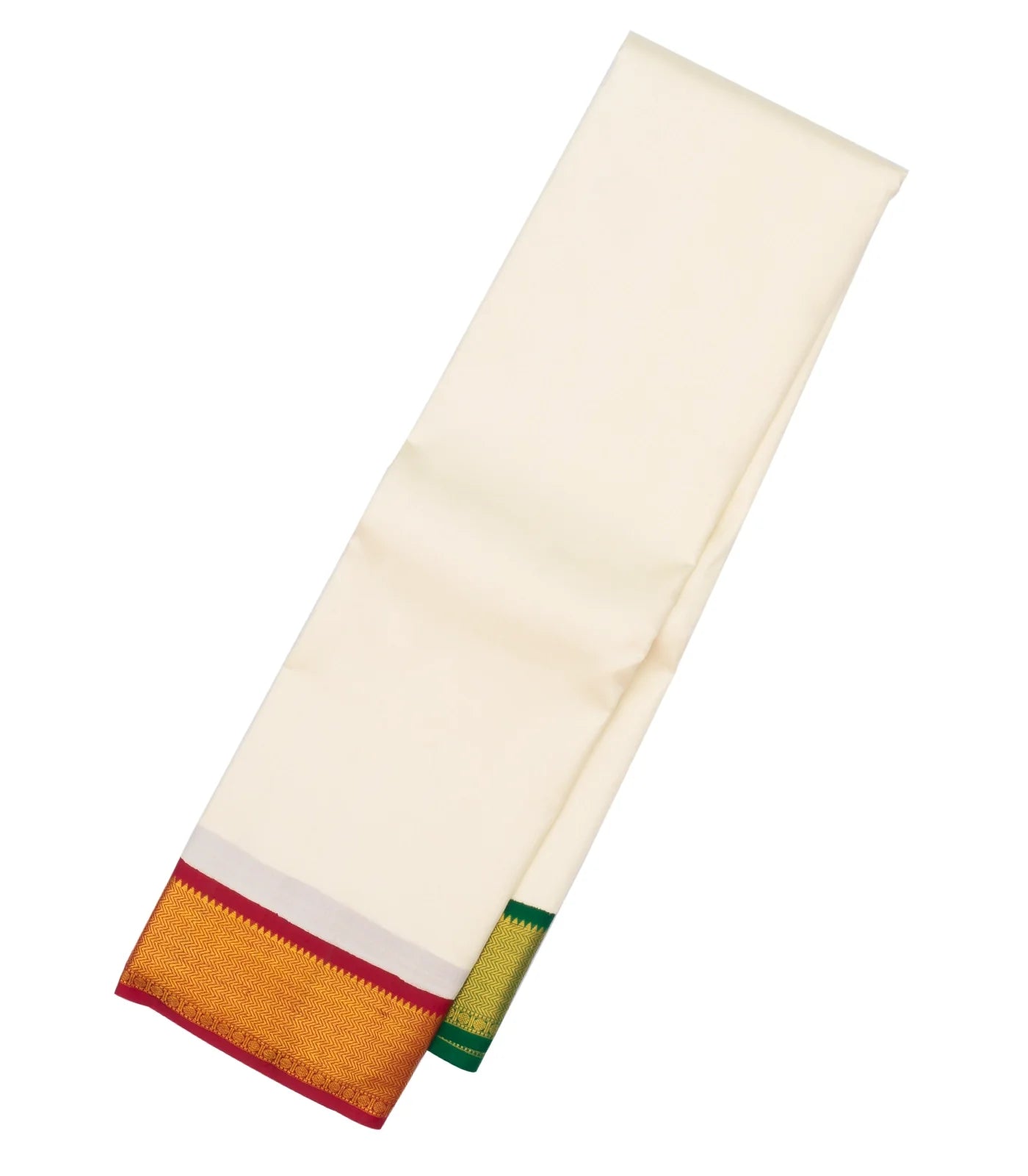 White Handloom Kanchipuram Korvai Silk Saree With Green & Red Border