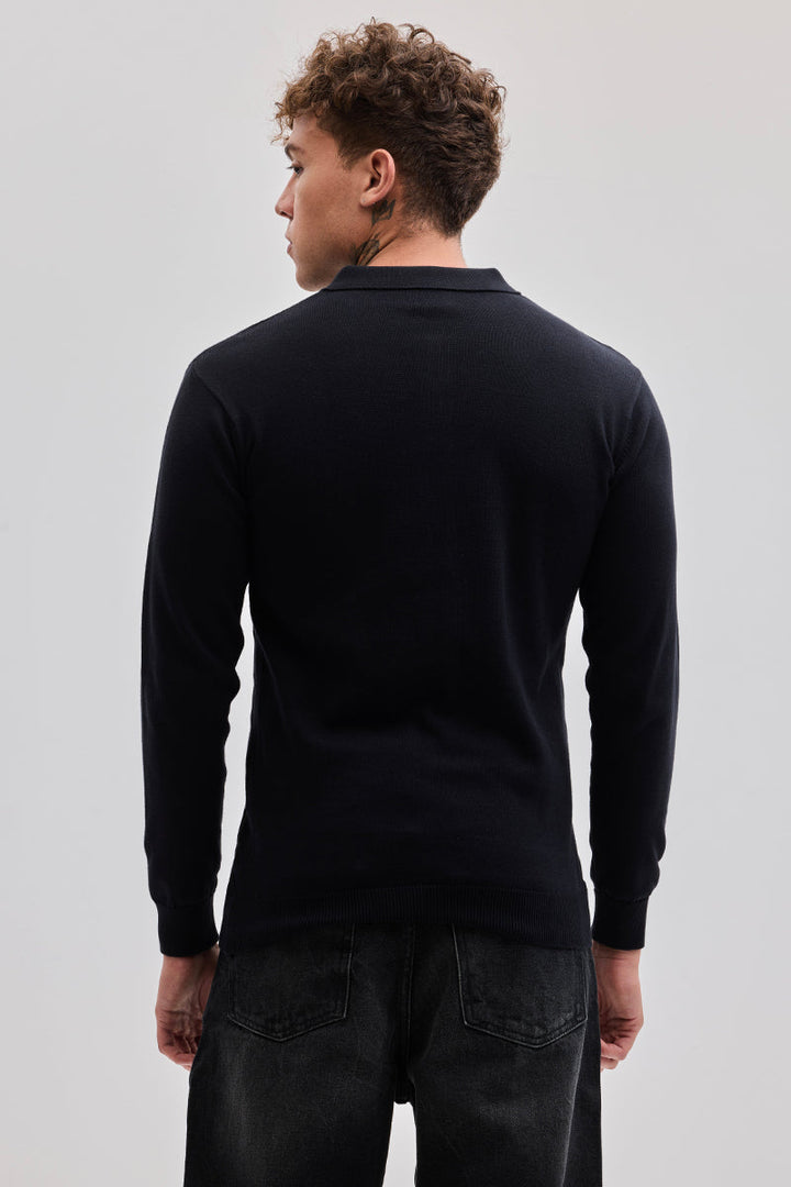 Black Zipper Knitted Polo T-Shirt