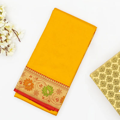 Yellow Handloom Plain Banarasi Silk Saree With Red Border