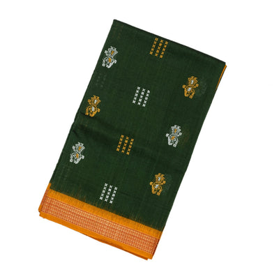 Dark Green Handloom Orissa Cotton Saree With Tie & Dye Pallu