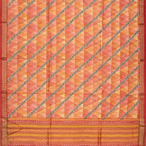 Dark Peach Handloom Tussar Silk Saree Printed With Geometric & Floral Motifs