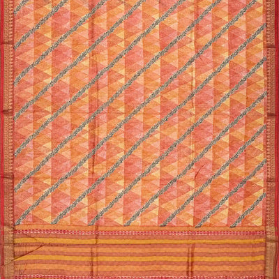 Dark Peach Handloom Tussar Silk Saree Printed With Geometric & Floral Motifs