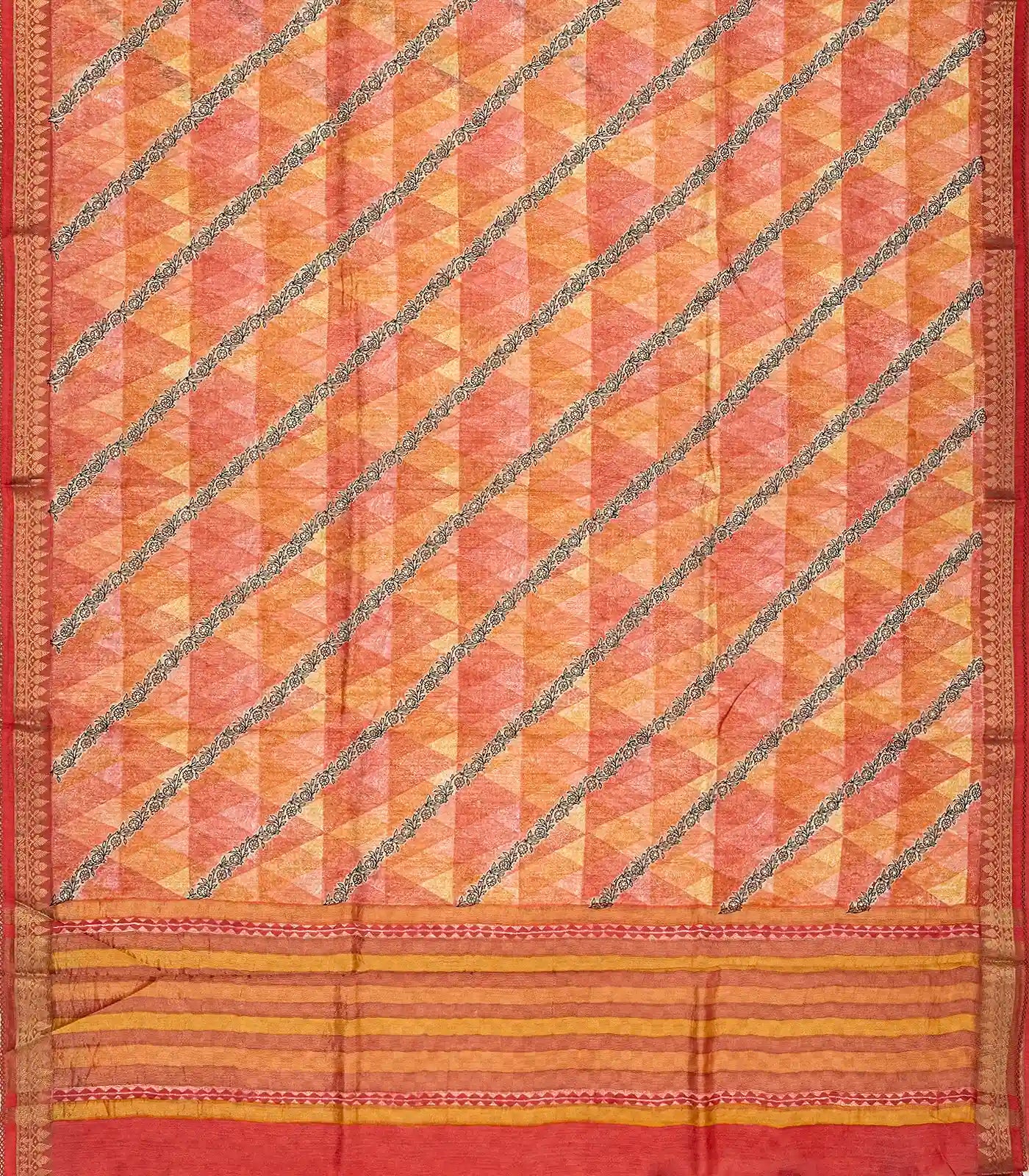 Dark Peach Handloom Tussar Silk Saree Printed With Geometric & Floral Motifs