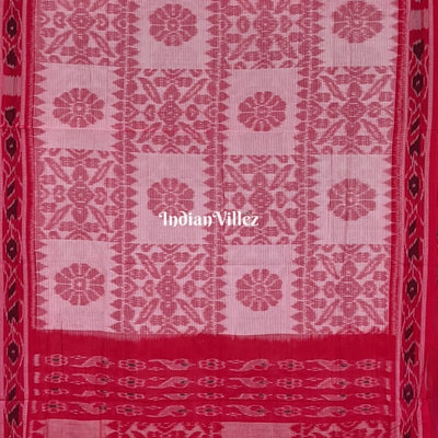 White Red Computer Design Sambalpuri Ikat Maniabandha Cotton  Saree
