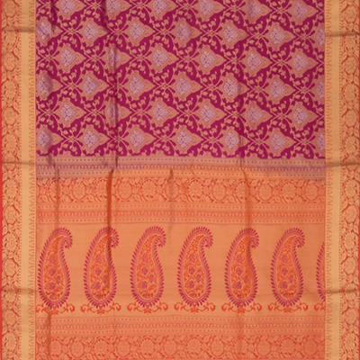 Pink Handwoven Soft Silk Saree With Mango And Vine Motifs In Contrast Rust Border & Pallu-Pink
