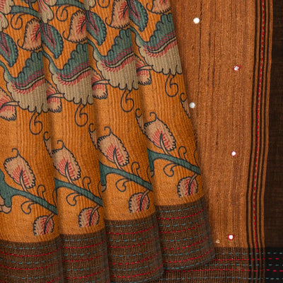 Mustard Handloom Tussar Silk Saree Printed With Floral Vine Motifs-Mustard