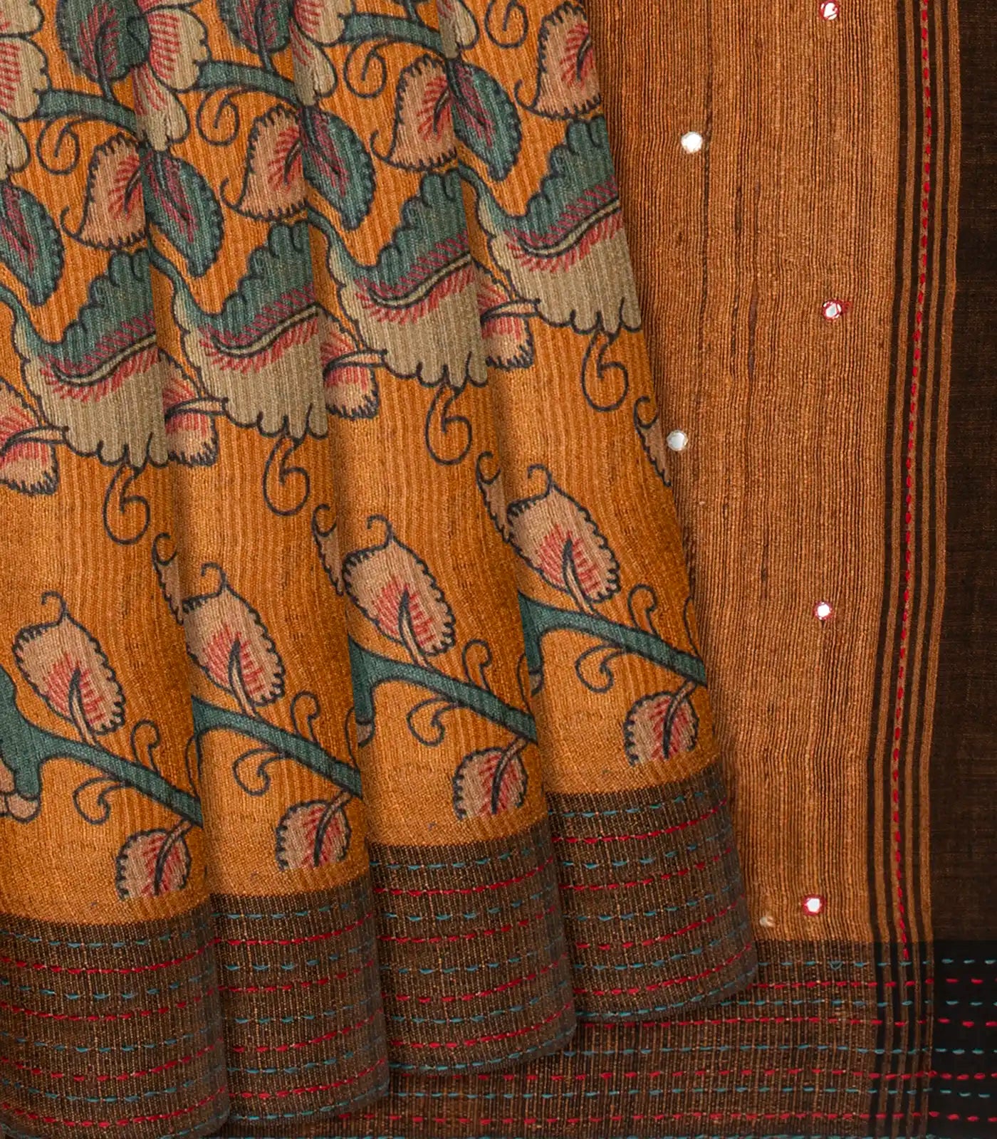 Mustard Handloom Tussar Silk Saree Printed With Floral Vine Motifs-Mustard