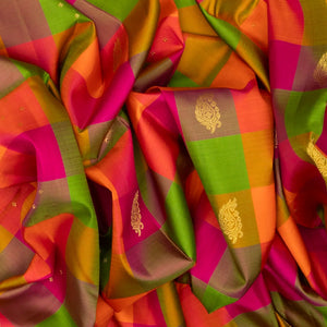 Multi Color Handloom Kanchipuram Silk Saree With Checks & Buttas