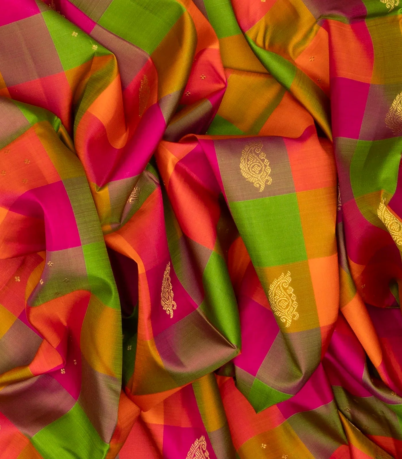 Multi Color Handloom Kanchipuram Silk Saree With Checks & Buttas