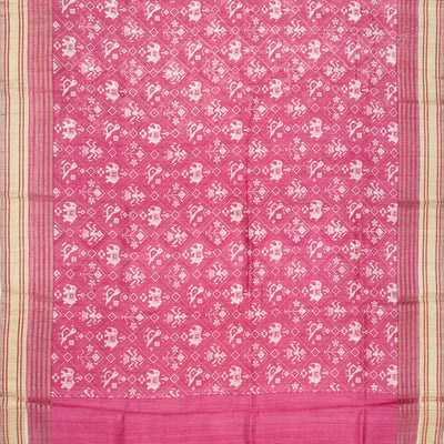 Bubble-gum Pink Handloom Tussar Silk Saree Printed With Animal Motifs