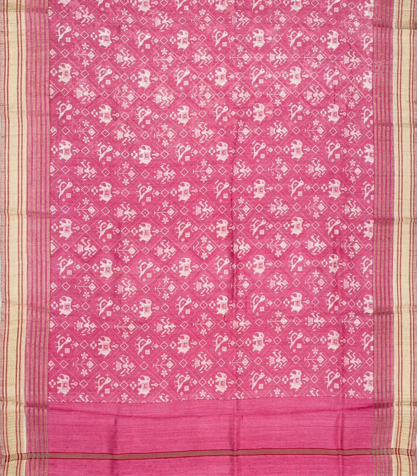 Bubble-gum Pink Handloom Tussar Silk Saree Printed With Animal Motifs