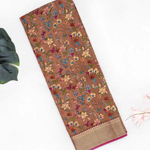 Brown Woven Chiniya Silk Saree Digital Printed With Floral Motifs