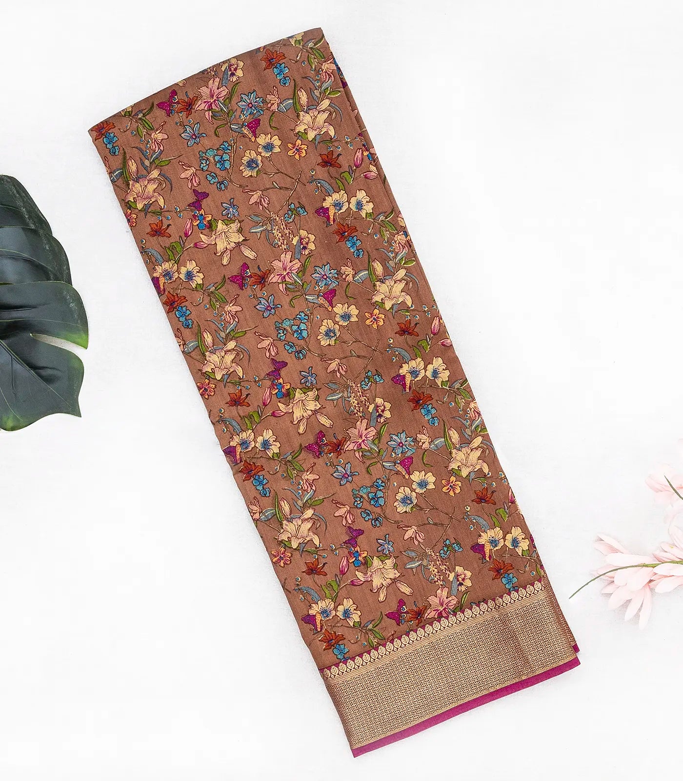 Brown Woven Chiniya Silk Saree Digital Printed With Floral Motifs