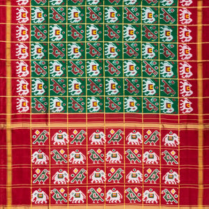 Green Handloom Ikat Silk Saree With Contrast Crimson Border