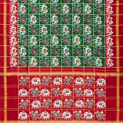 Green Handloom Ikat Silk Saree With Contrast Crimson Border