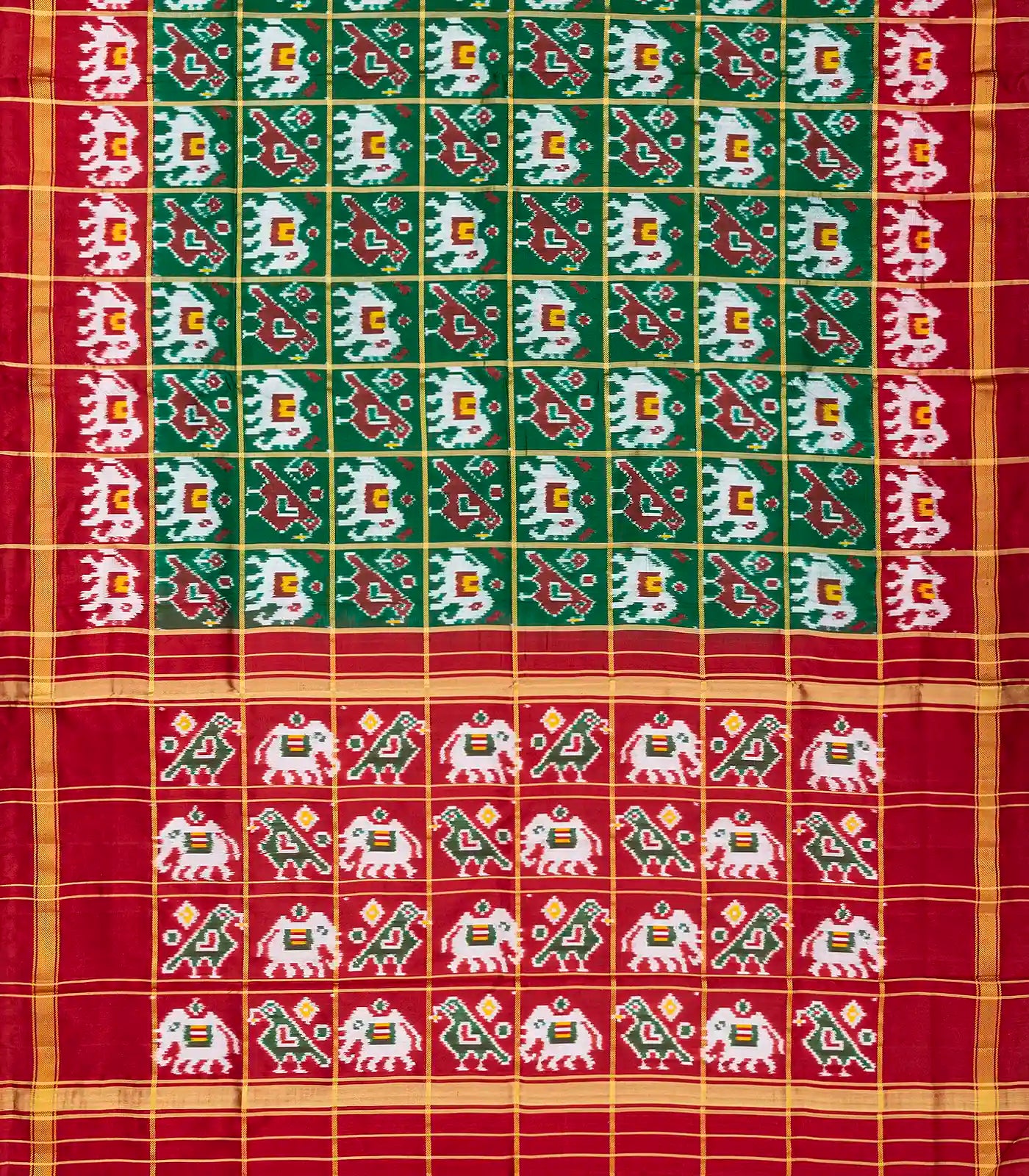 Green Handloom Ikat Silk Saree With Contrast Crimson Border