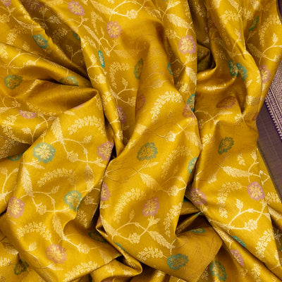 Mustard Handloom Kanchipuram Silk Saree With Meena Floral Motifs