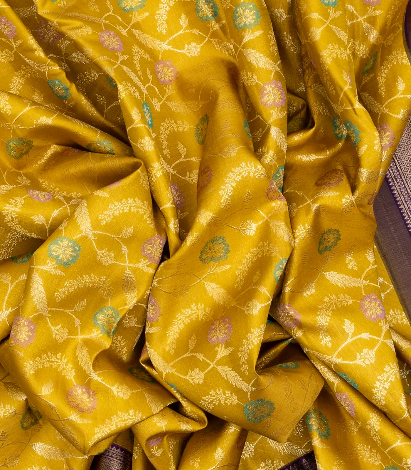 Mustard Handloom Kanchipuram Silk Saree With Meena Floral Motifs
